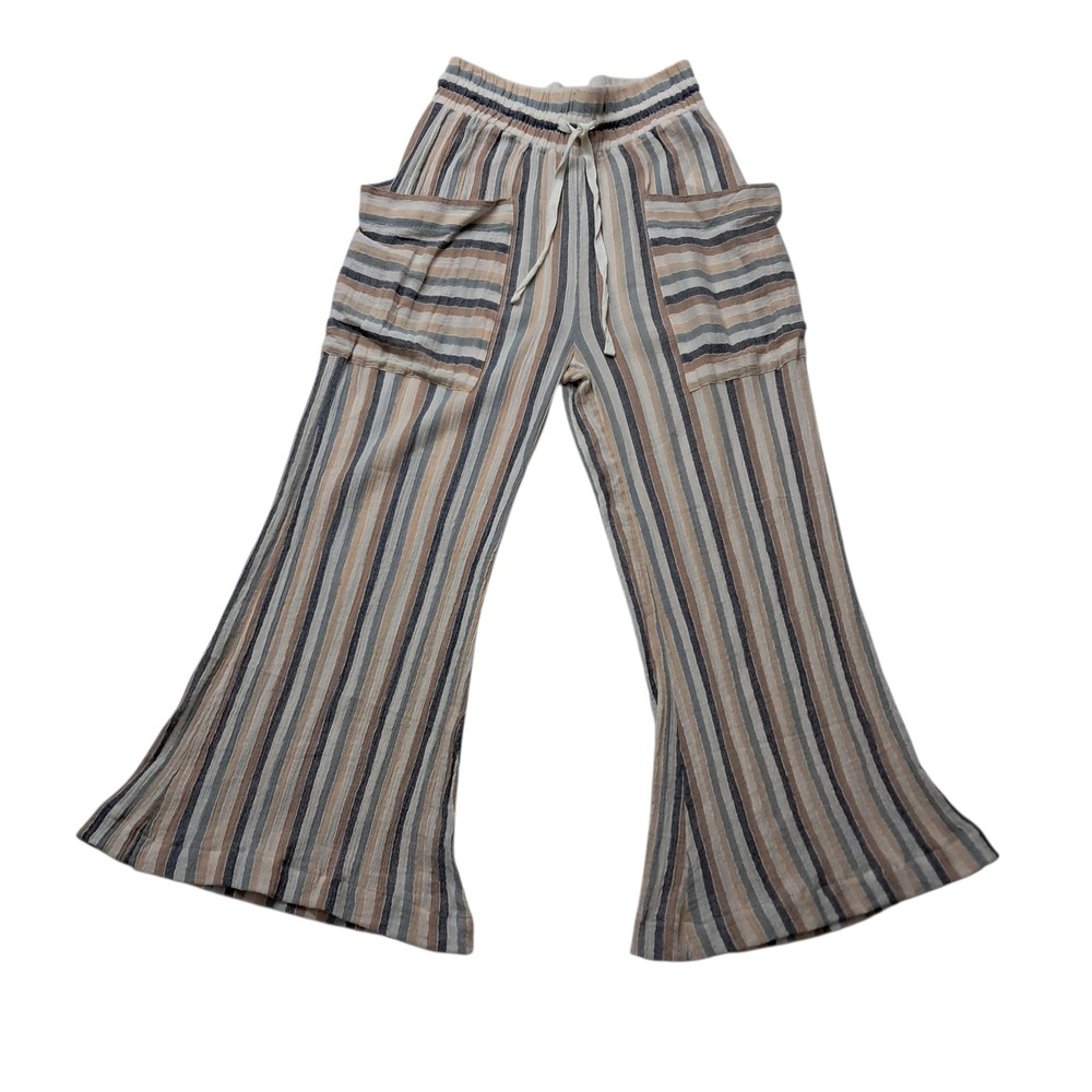 Free People Wide Leg Striped Pants in Blue, Tan & Cream